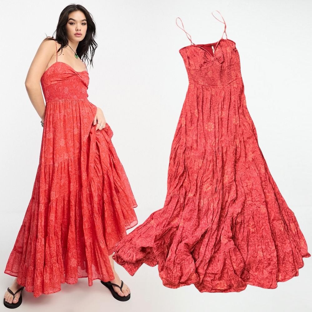Free People Maxi Dress Sundrenched Printed Hot Pink Combo L